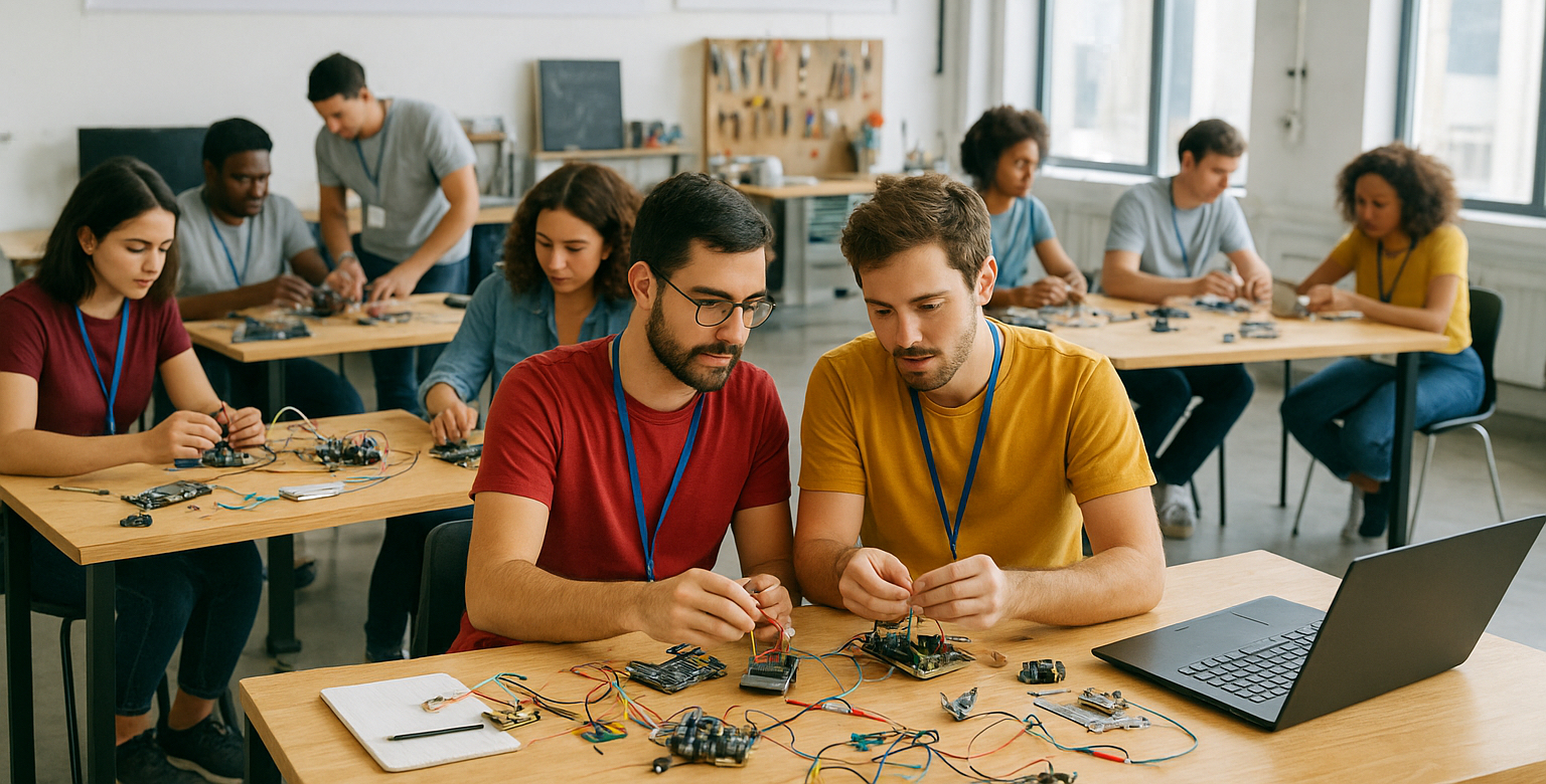 Empleats treballant en equips sobre prototips en estil hackathon
